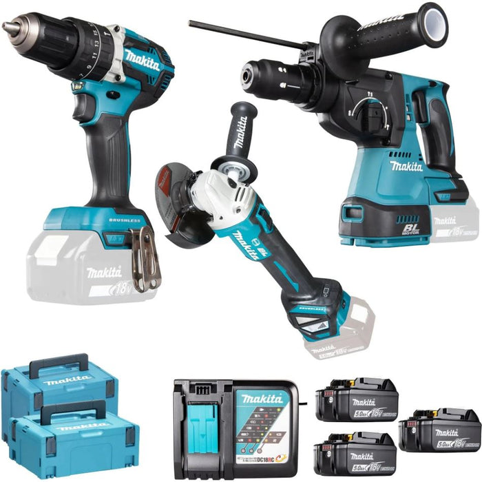 Ensemble de 3 machines 18 V Li-Ion 5 Ah ( DHP484Z + DGA513Z +DHR243Z) + 3x Batteries 5Ah + 1 Chargeur simple