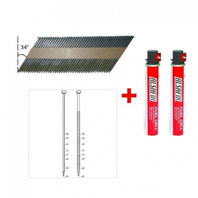 Kit 2040 pointes annelées en bande 34° 2,8x70 mm + 2 cartouches de gaz - Alsafix P3428702DC