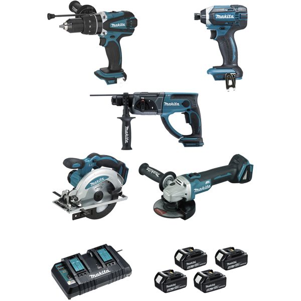 Pack de 5 machines 18V 5Ah Makita (DHP458 + DTD152 + DGA504 + DHR202 + DSS610) DLX5039PTJ